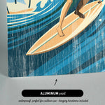 The image is an aluminum print featuring a surfer riding a wave on a surfboard.