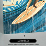 The image is an aluminum print featuring a surfer riding a wave on a surfboard.