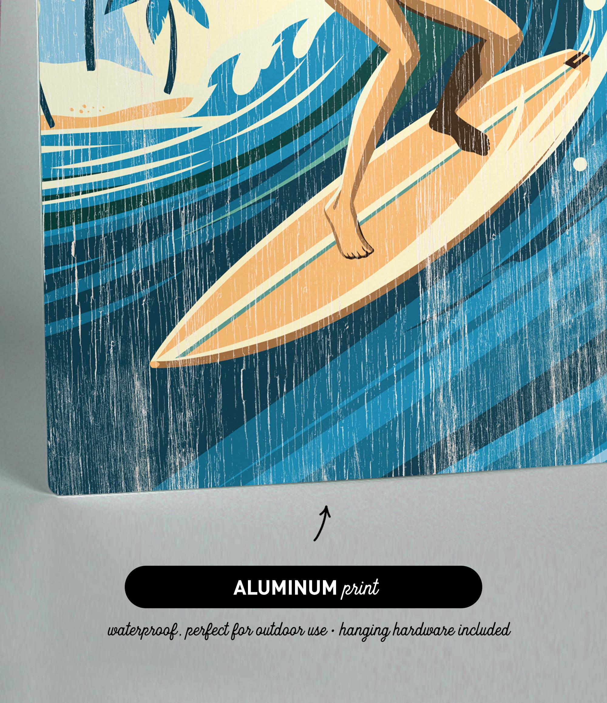 The image is an aluminum print featuring a surfer riding a wave on a surfboard.