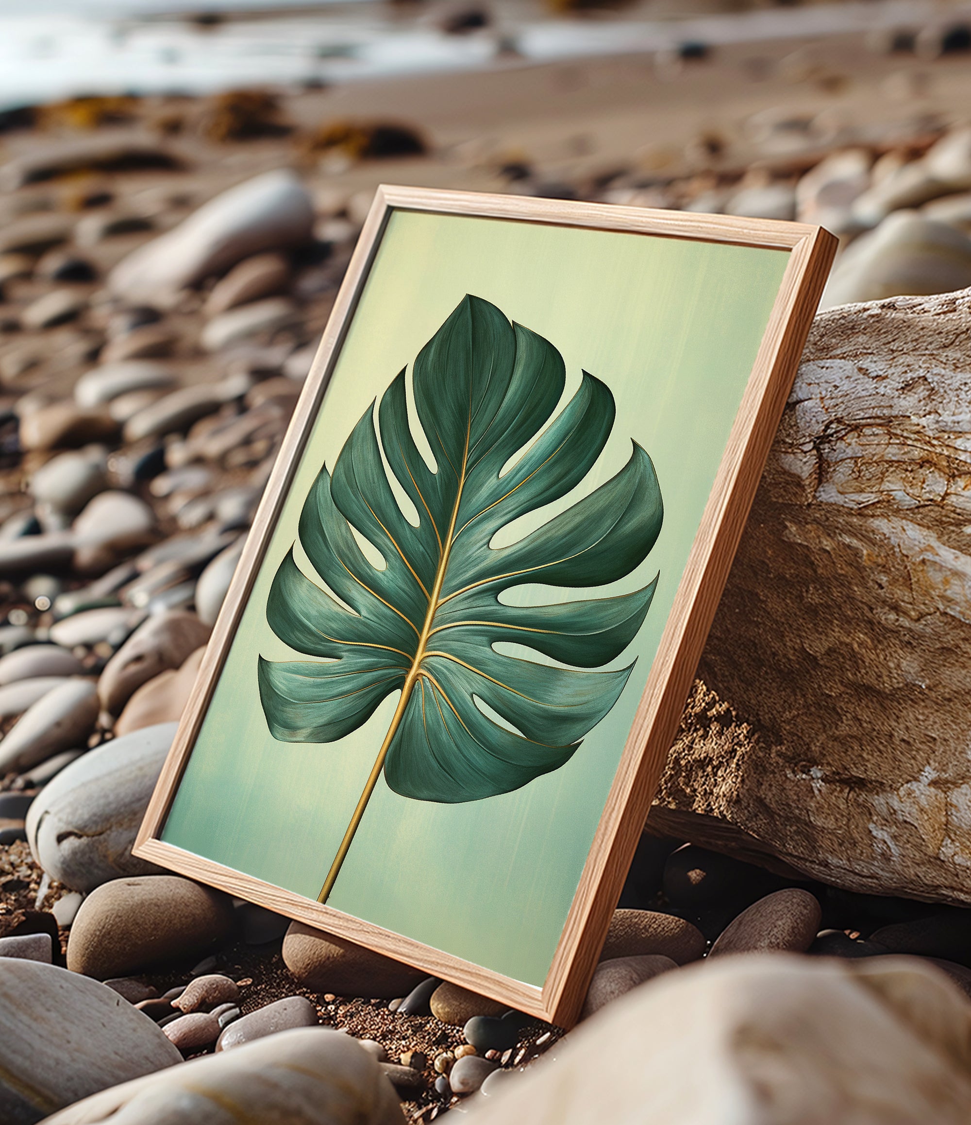 A framed image of a large green leaf is displayed on a rocky beach, with the natural elements of the beach and the leaf creating a serene and tranquil scene.