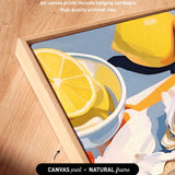 The image is a close-up of a framed artwork featuring a vibrant painting of lemon slices and other citrus fruits.