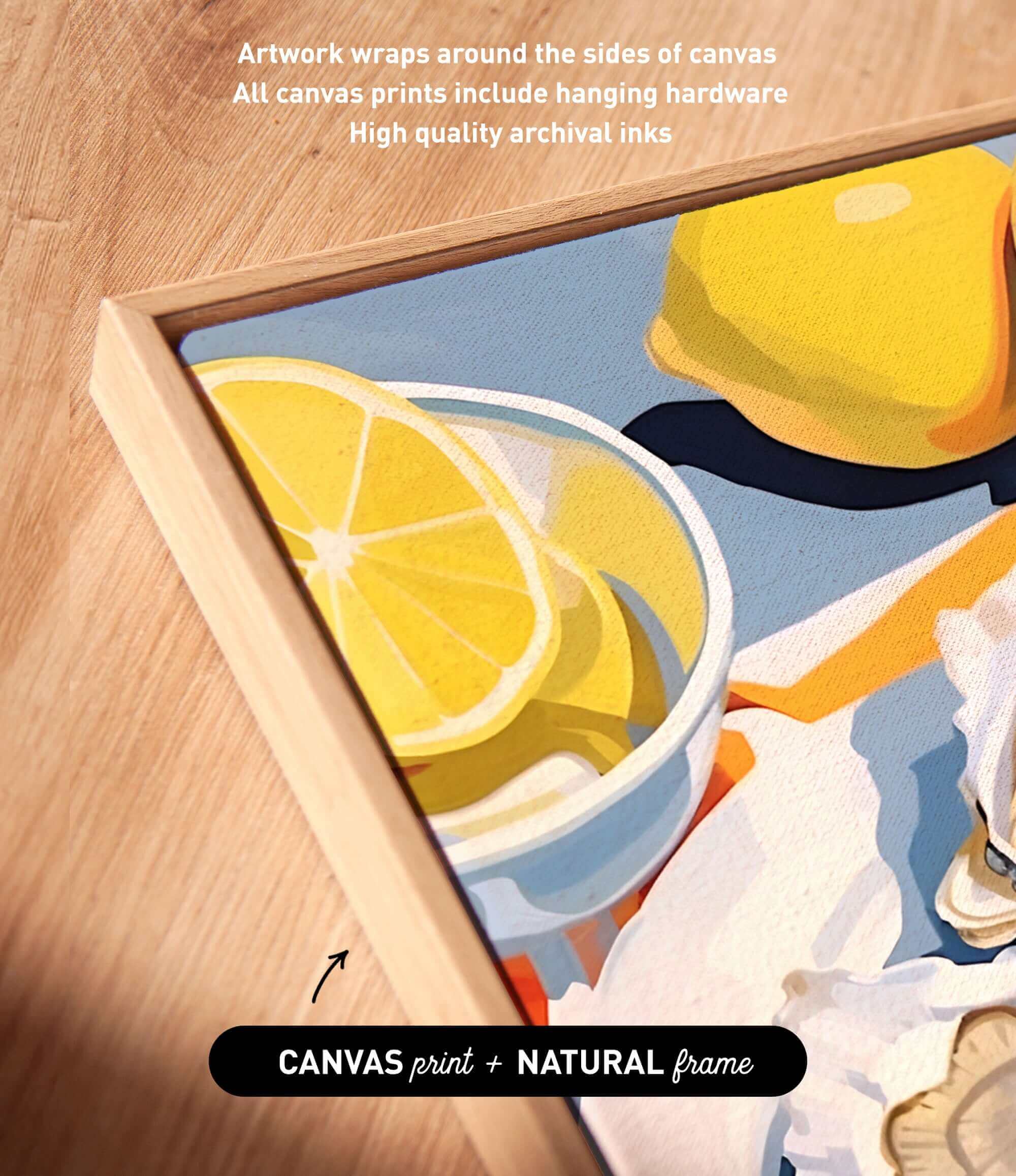 The image is a close-up of a framed artwork featuring a vibrant painting of lemon slices and other citrus fruits.