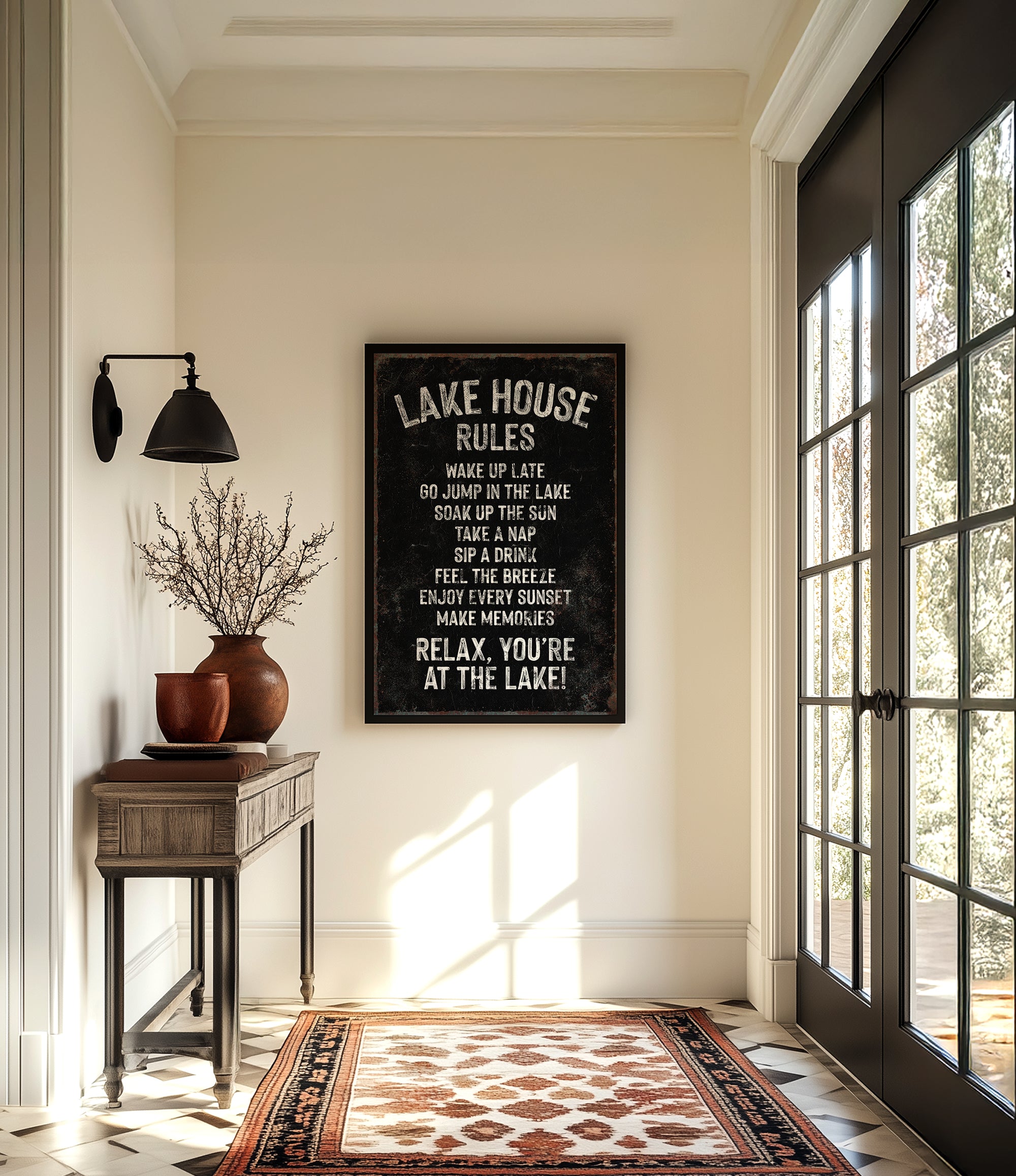 a hallway with a framed sign that reads "LAKESHORE RULES" hanging on the wall. The hallway has a wooden table with a vase of flowers, a rug, and a large window with a view of trees outside.