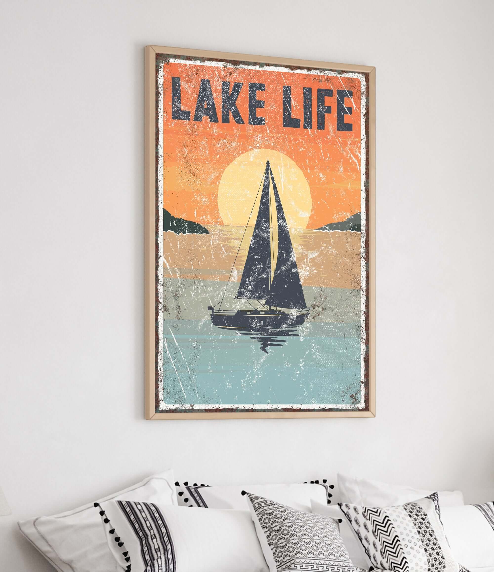 a bedroom with a bed and a poster on the wall