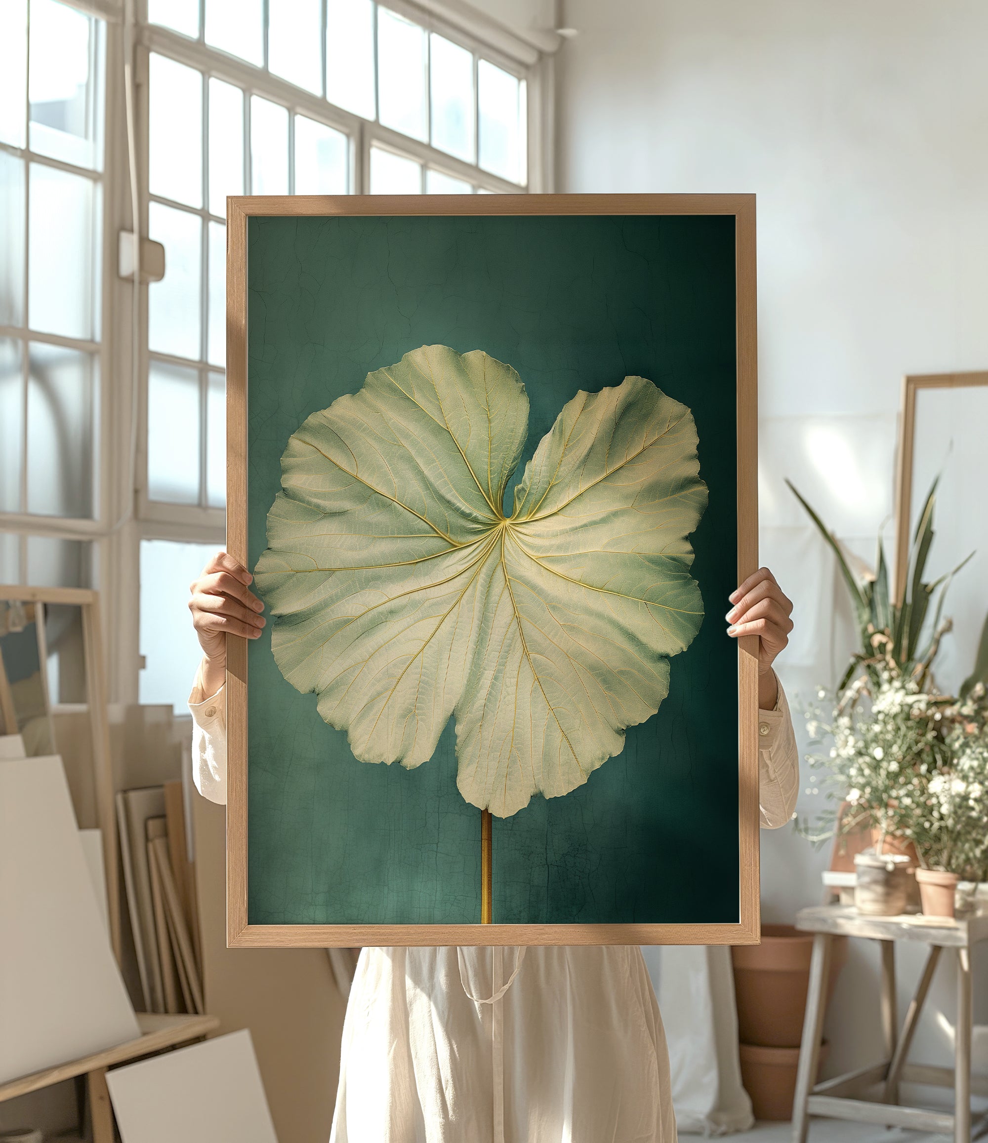 A person is holding up a framed painting of a large, vibrant green leaf against a dark green background.