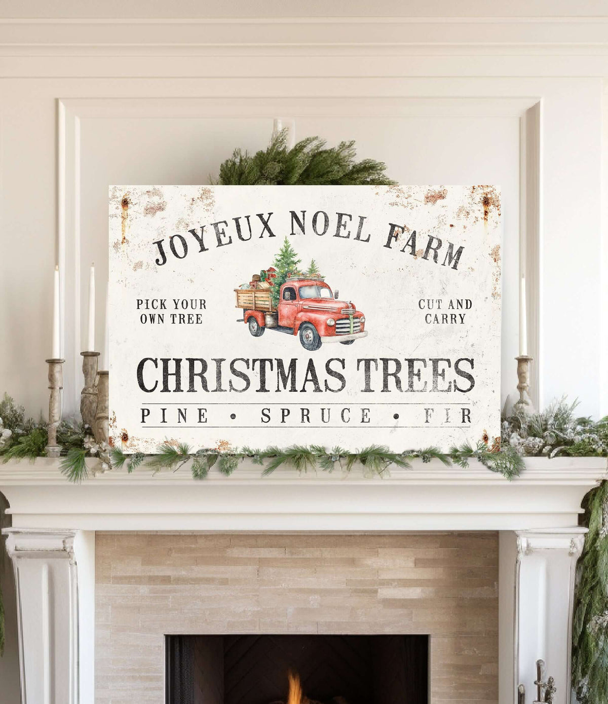 a fireplace with a sign above it that says joyeux noel farm christmas trees