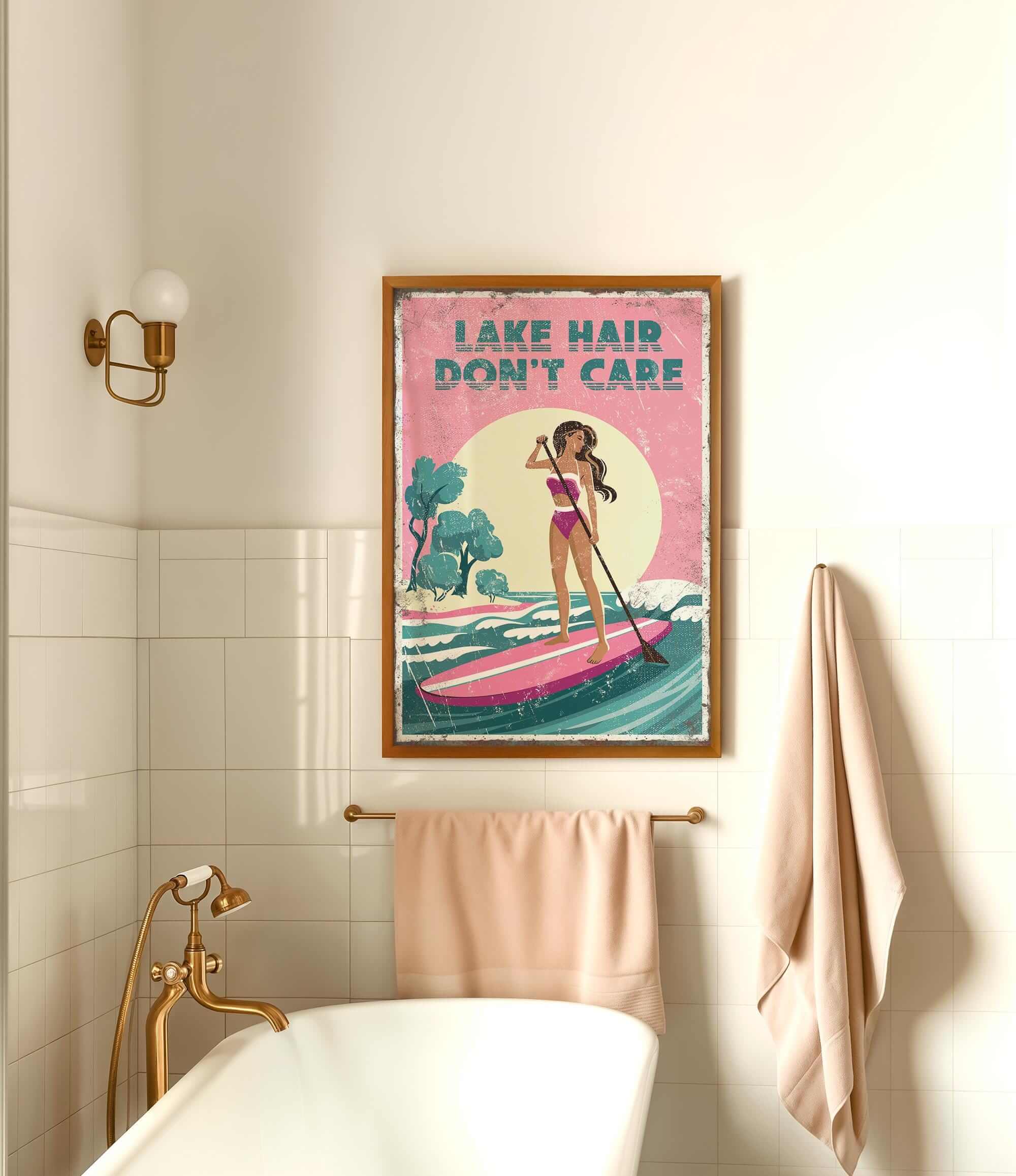 a bathroom with a framed poster of a woman paddleboarding on a lake, along with a towel rack and a bathtub.