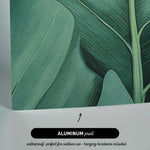 The image is an aluminum print featuring a close-up view of a large green leaf with intricate patterns.