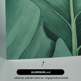 The image is an aluminum print featuring a close-up view of a large green leaf with intricate patterns.