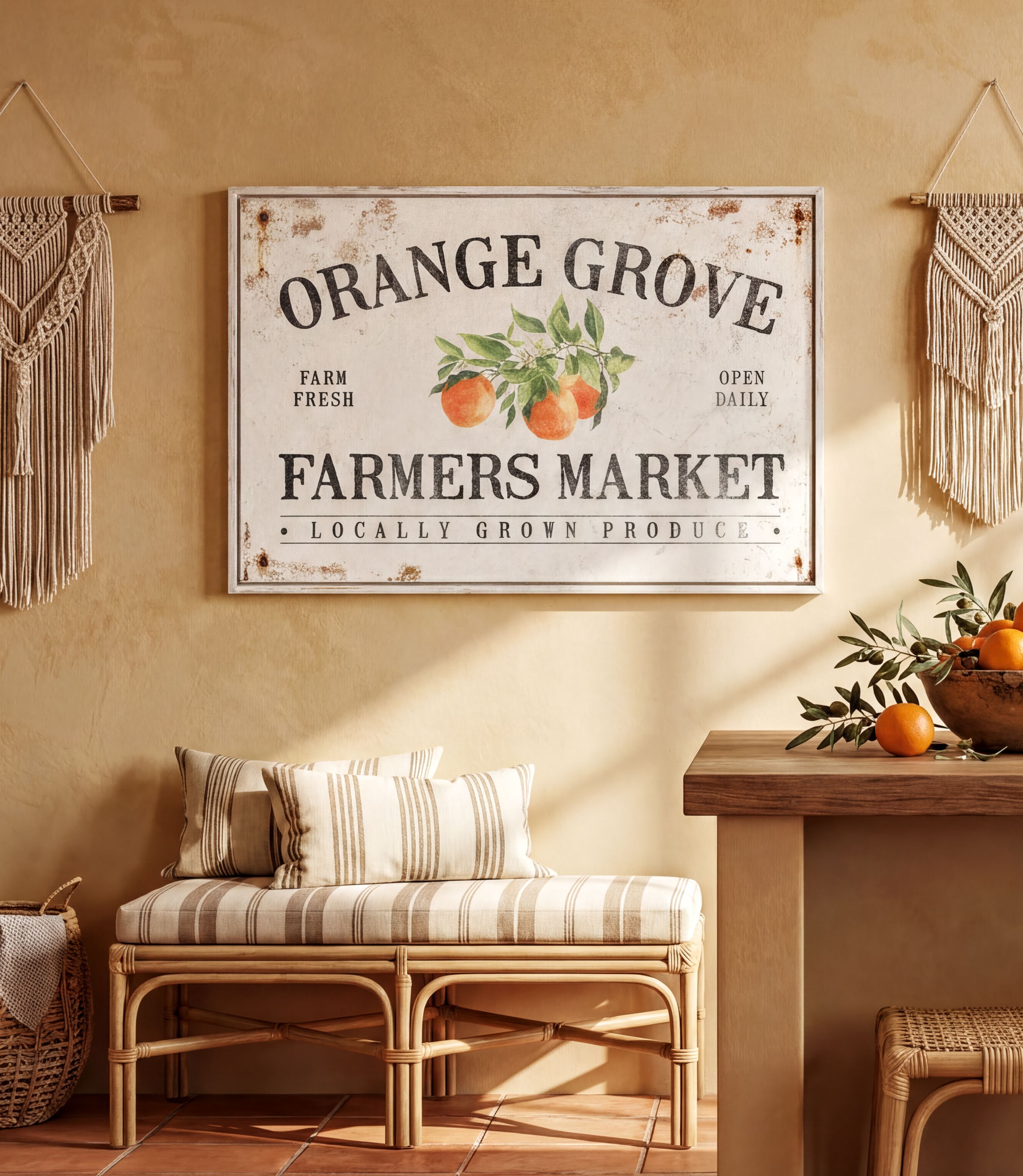 a rustic interior with a large sign for Orange Grove Farmers Market hanging on the wall. The sign displays the text "Orange Grove" and "Farm Fresh", indicating the name and nature of the market. The room also includes a bench, a woven basket, and a bowl of oranges, creating a cozy and inviting atmosphere.