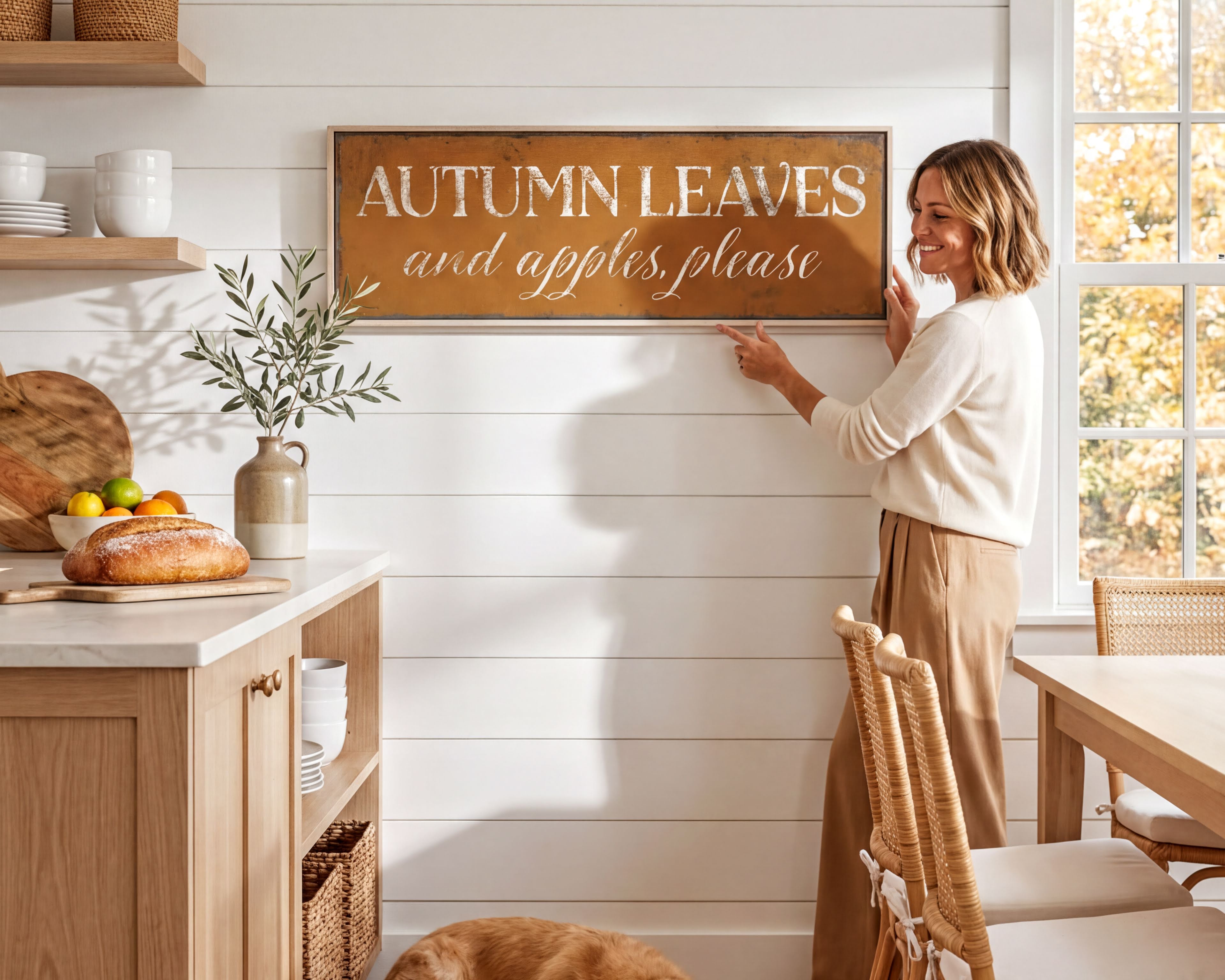 A woman is standing in a kitchen, pointing to a framed sign that reads "Autumn Leaves and Apples Please" on the wall.