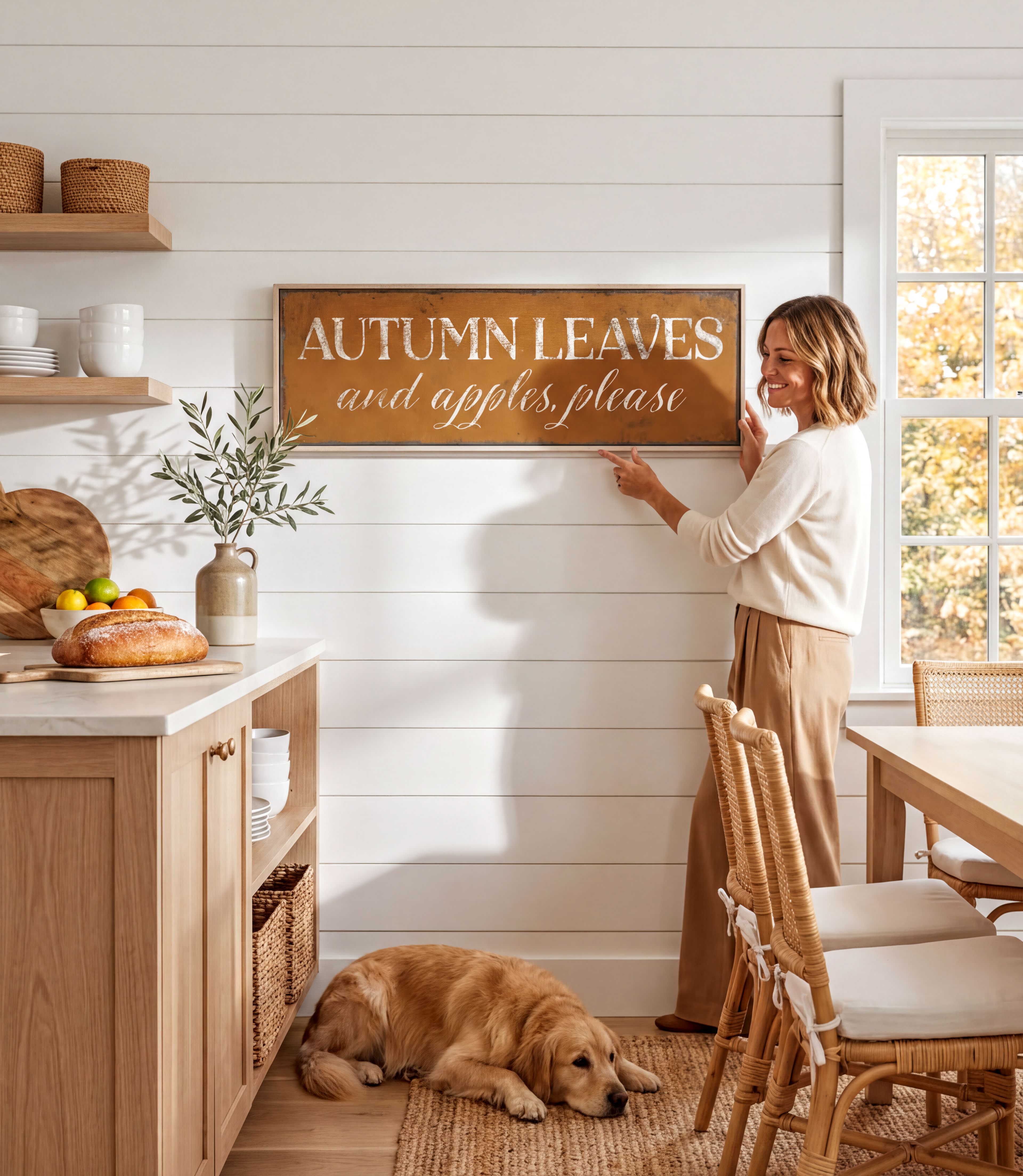 A woman is standing in a kitchen, pointing to a framed sign that reads "Autumn Leaves and Apples Please" on the wall.