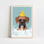 A framed illustration of a dog with a yellow rubber duck perched on its head, surrounded by bubbles.
