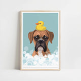 A framed illustration of a dog with a yellow rubber duck perched on its head, surrounded by bubbles.