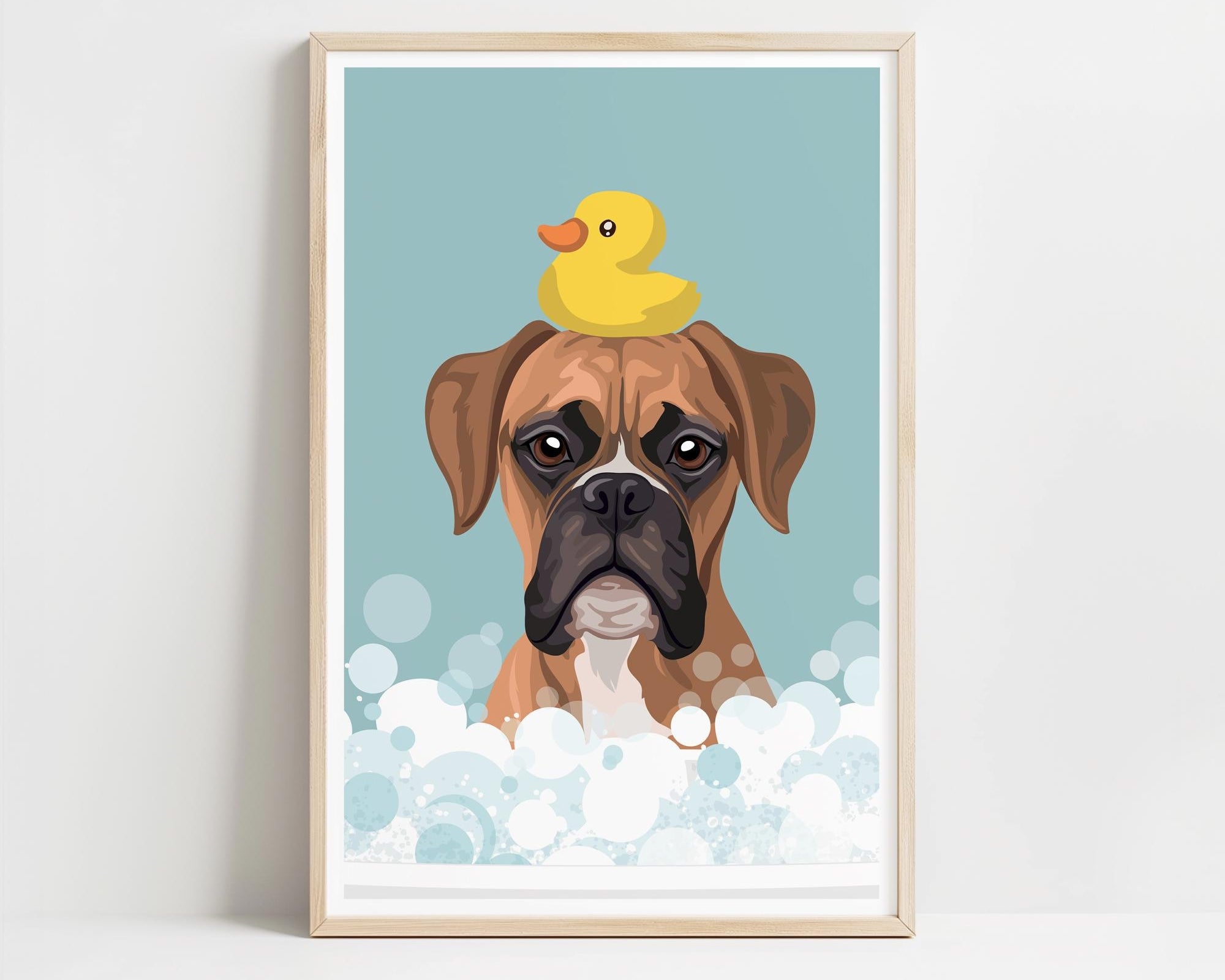 A framed illustration of a dog with a yellow rubber duck perched on its head, surrounded by bubbles.