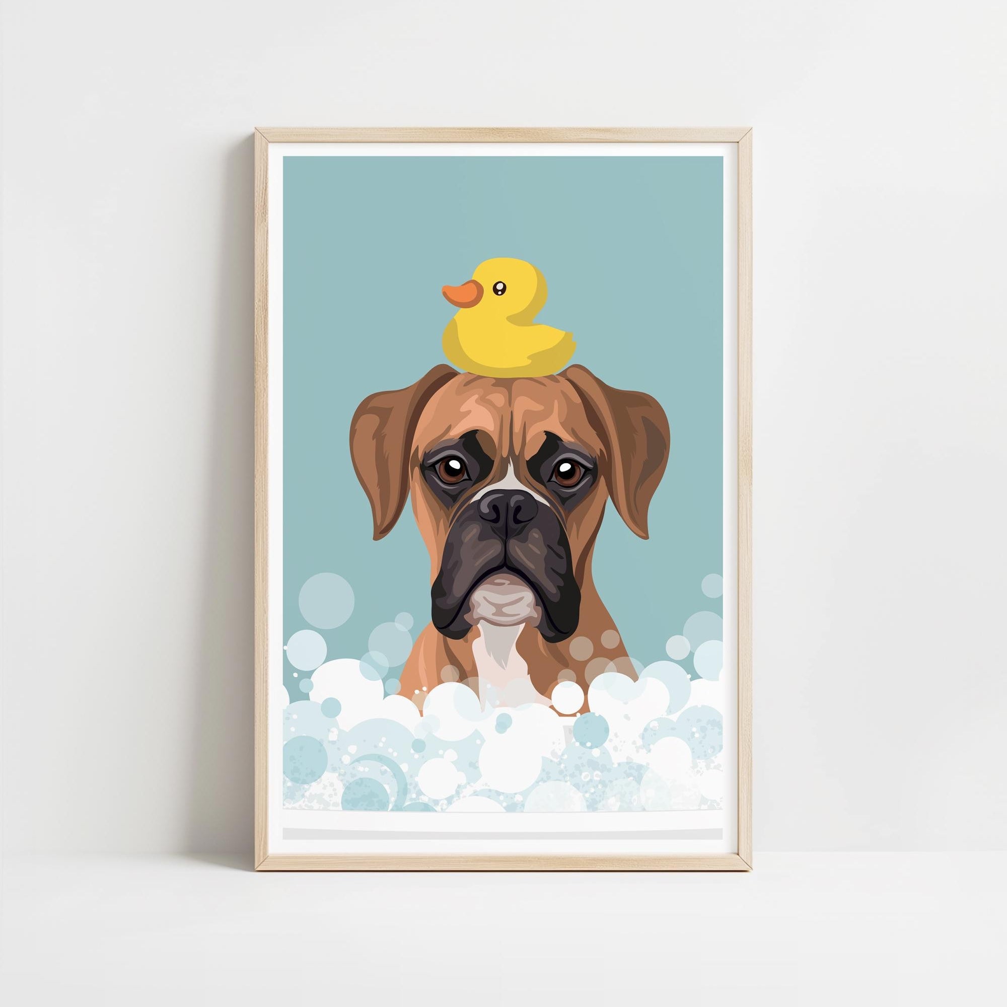 A framed illustration of a dog with a yellow rubber duck perched on its head, surrounded by bubbles.