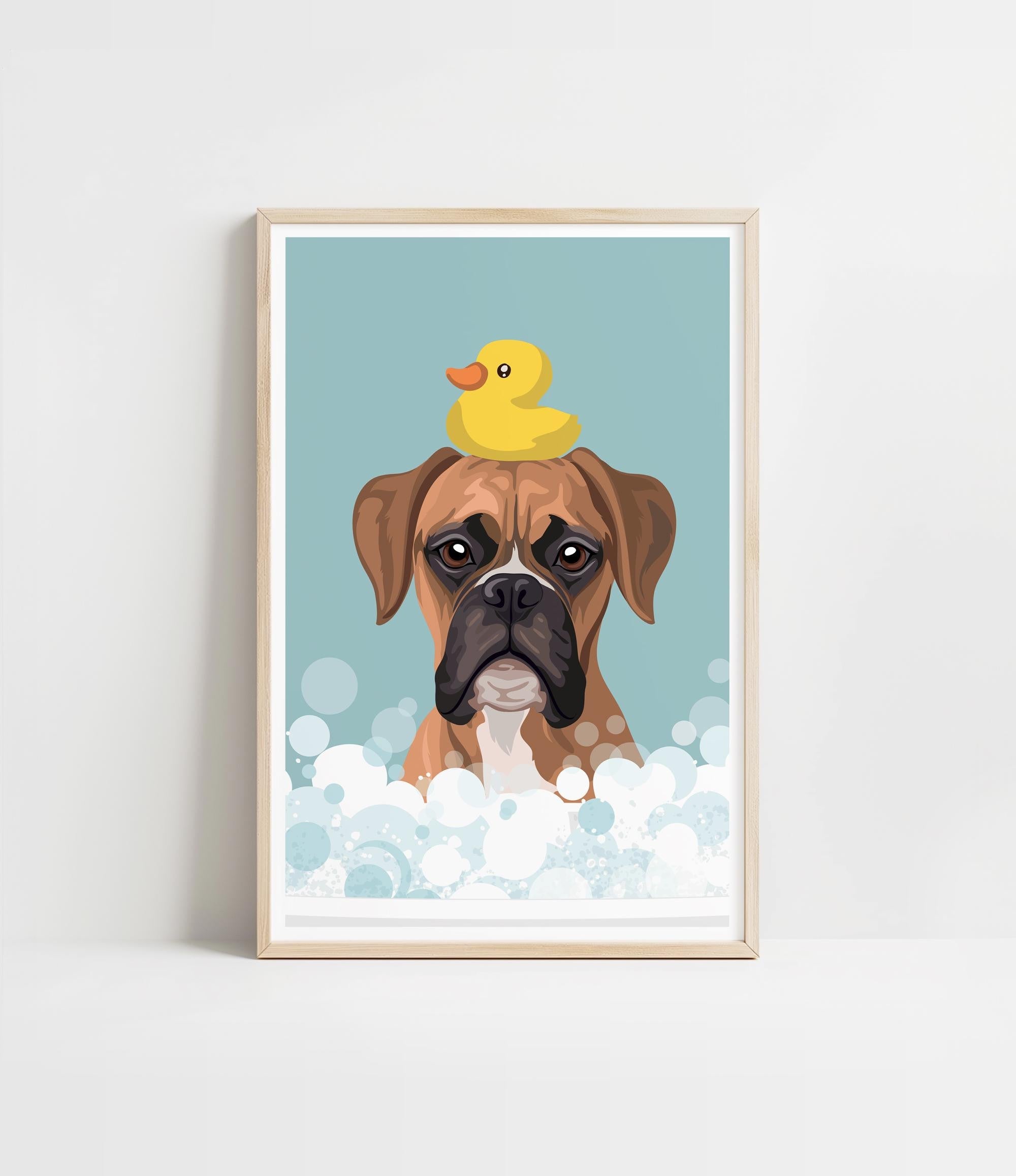 A framed illustration of a dog with a yellow rubber duck perched on its head, surrounded by bubbles.