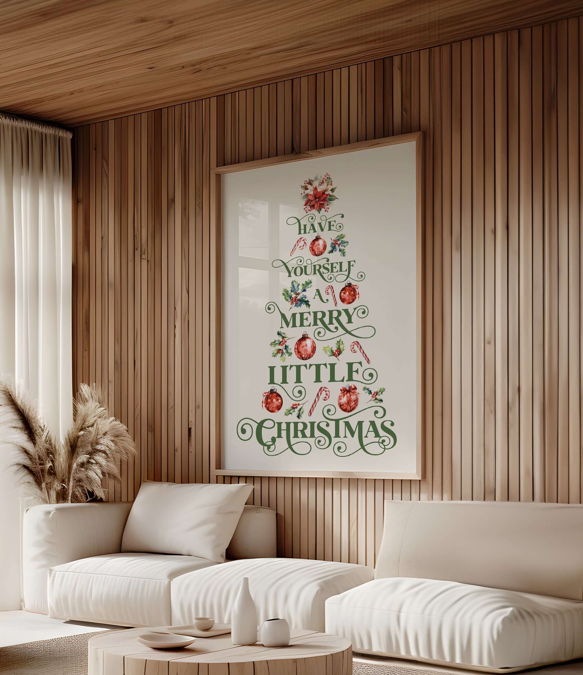 a living room with a christmas tree on the wall