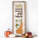 a sign that says hello fall with pumpkins and gourds