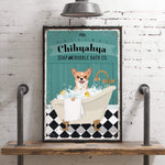 A framed poster featuring a Chihuahua dog sitting in a bathtub filled with bubbles, with a sign that reads "Chihuahua SOAP and bubble bath Co."