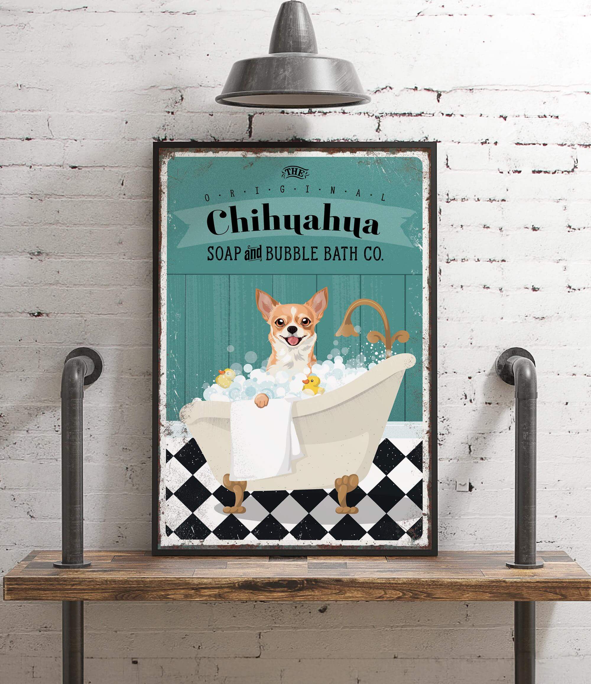 A framed poster featuring a Chihuahua dog sitting in a bathtub filled with bubbles, with a sign that reads "Chihuahua SOAP and bubble bath Co."