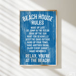 The Beach House Rules Sign in painted wood, ocean blue, features white text with relaxing beach activities—perfect coastal wall art for your space.