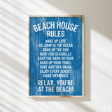 The Beach House Rules Sign in painted wood, ocean blue, features white text with relaxing beach activities—perfect coastal wall art for your space.