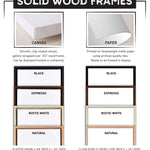 The image is a comparison of solid wood frames, including different colors and frame types. It shows a smooth, clay-coated canvas, a printed on heavyweight matte paper using archival-quality inks, and a black frame. The image also displays a black frame, a rustic white frame, and a natural frame. The image does not contain any text, and it does not describe each frame individually. It is a comparison of the different frames, their colors, and their types.