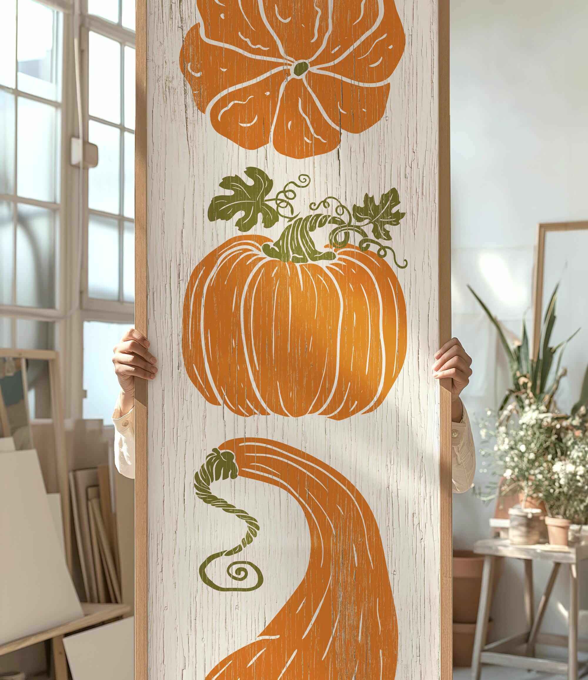 a person holding up a painting of pumpkins