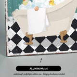 The image is an illustration of a bathtub filled with bubbles, featuring a rubber duck and a towel.