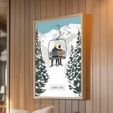 a couple on a ski lift, surrounded by snow-covered trees, with the word "APRÈS" prominently displayed.