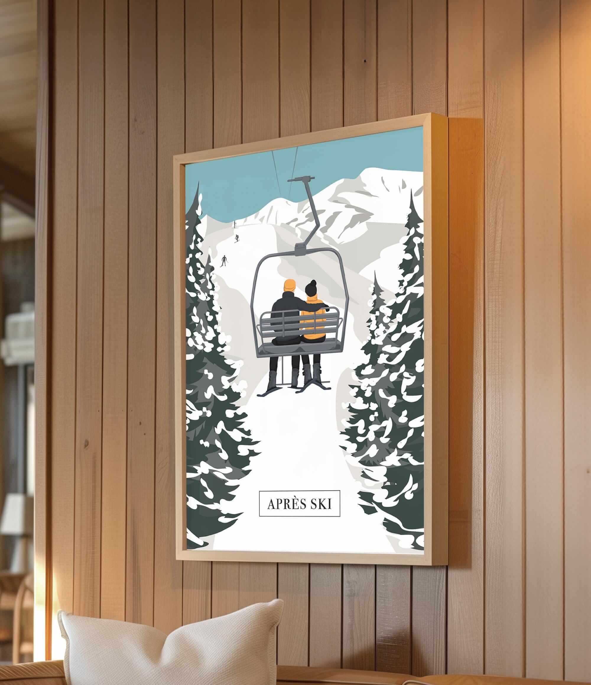 a couple on a ski lift, surrounded by snow-covered trees, with the word "APRÈS" prominently displayed.