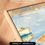 a wooden frame surrounding a painting of a boat on water, with the text "Artwork wraps around the sides of canvas All canvas prints include hanging hardware High quality archival inks" and "CANVAS print + NATURAL frame" indicating that the artwork is a print of a natural frame.