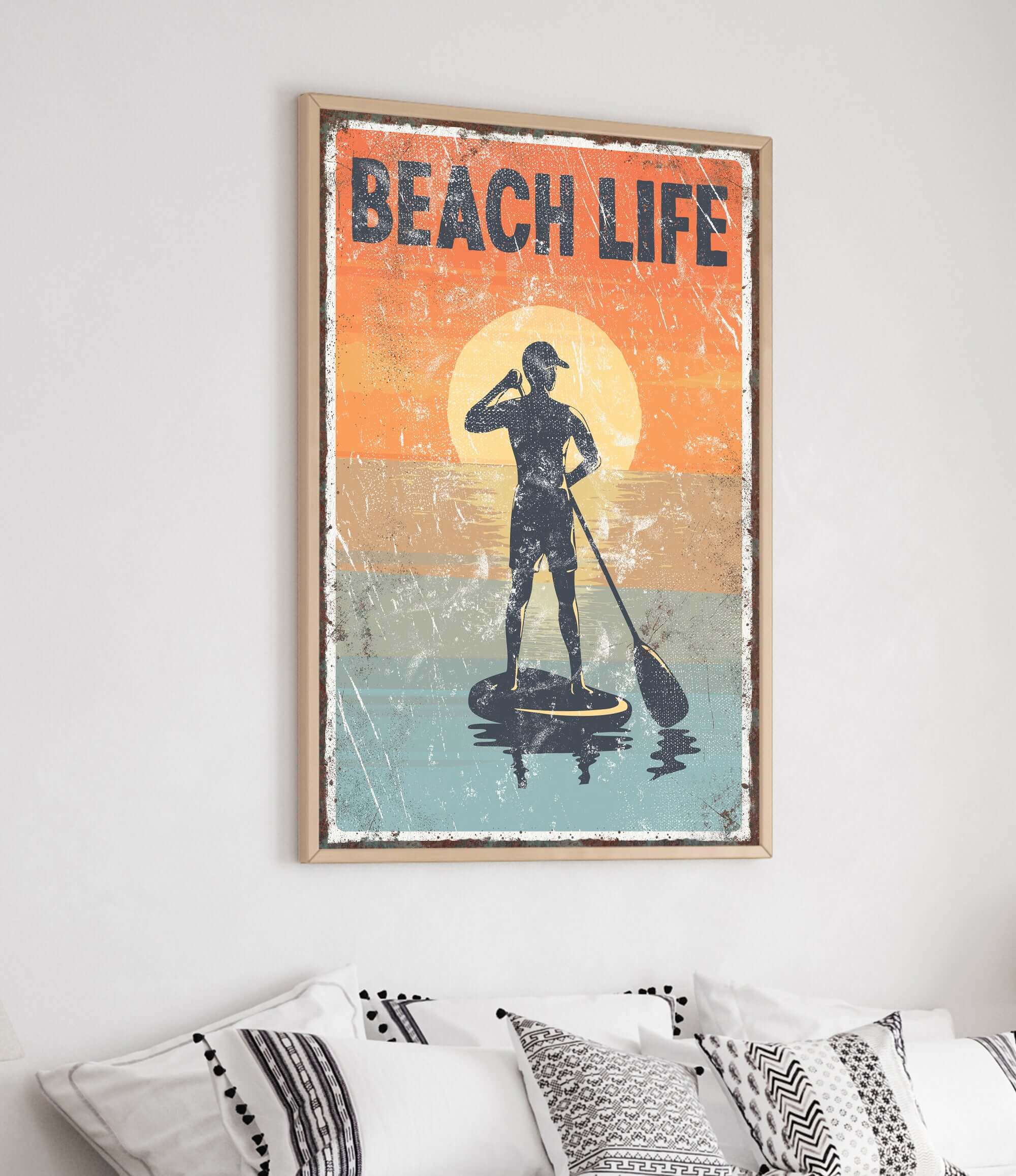 a picture of a man on a surfboard in a bedroom