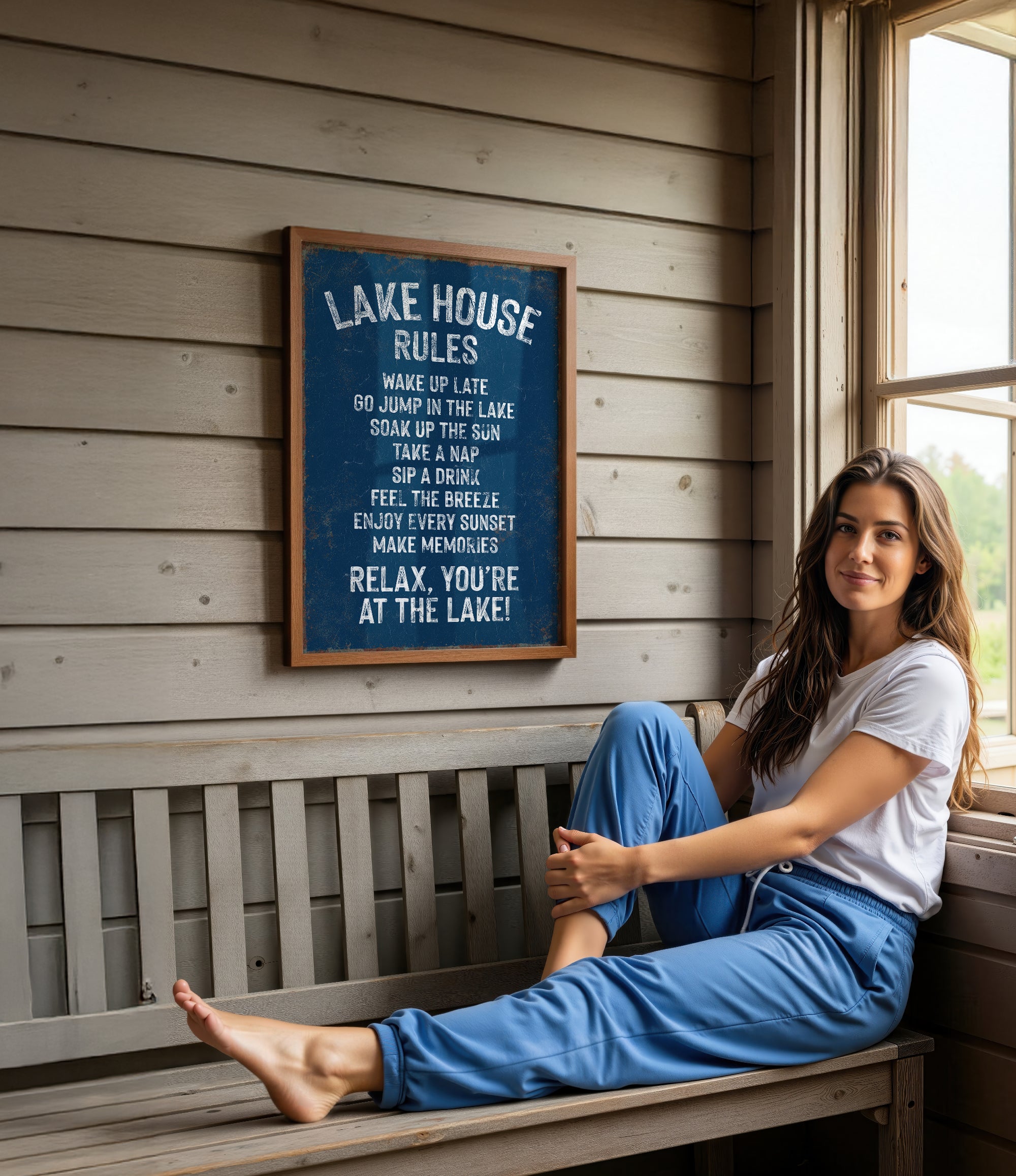 A woman is sitting on a bench in front of a sign that provides rules for the Lake House.