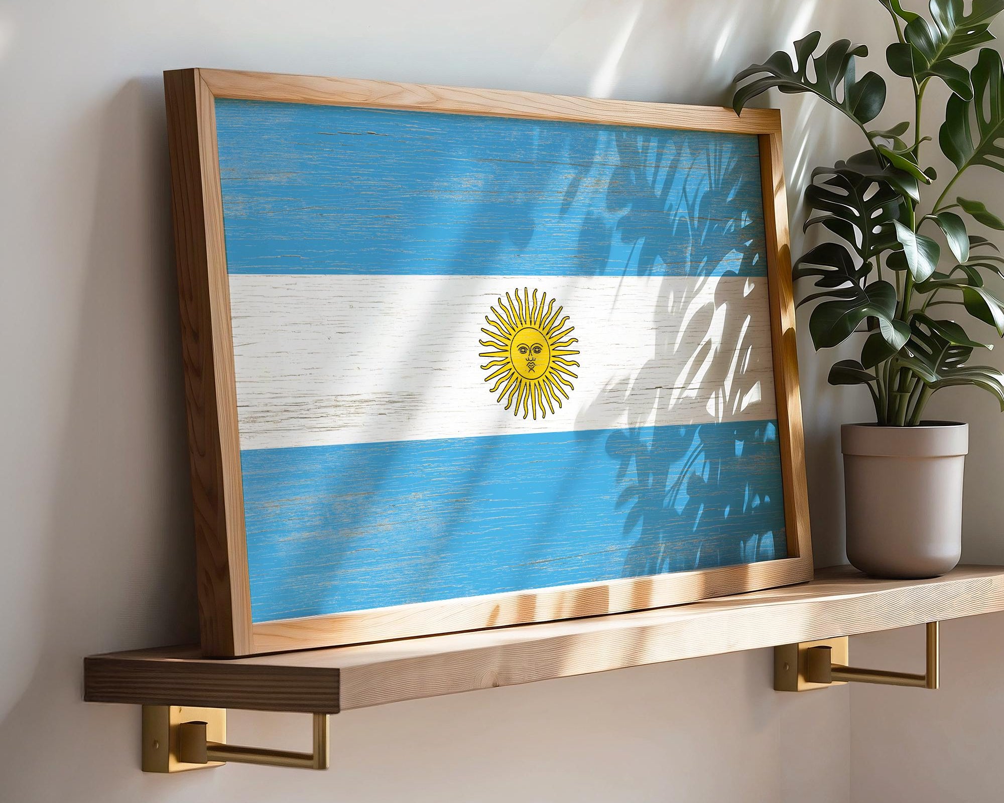 a picture of the flag of argentina on a shelf