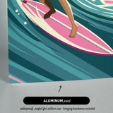 a surfer riding a wave on a pink surfboard.