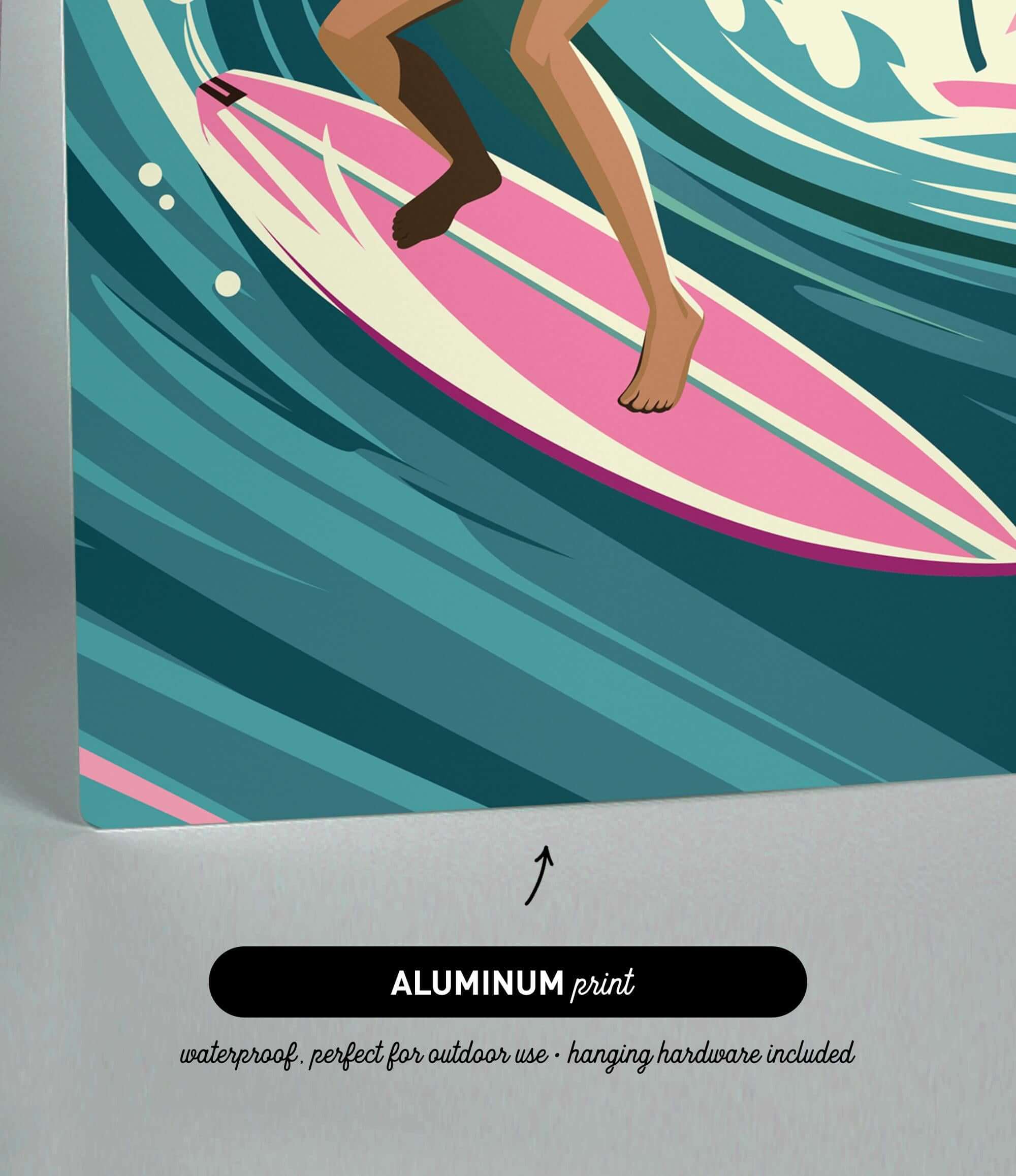 a surfer riding a wave on a pink surfboard.