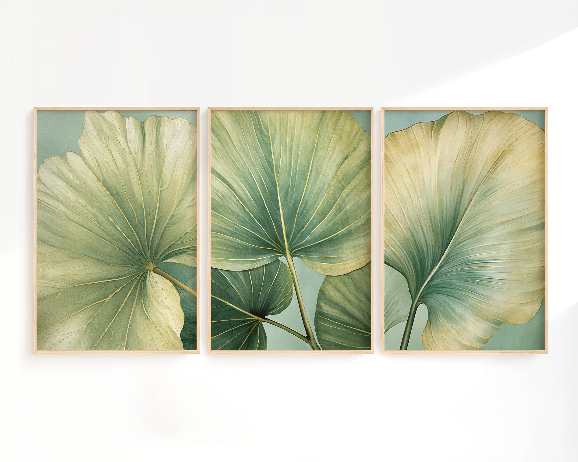 The image is a triptych of framed artworks featuring large, green leaves with intricate patterns.
