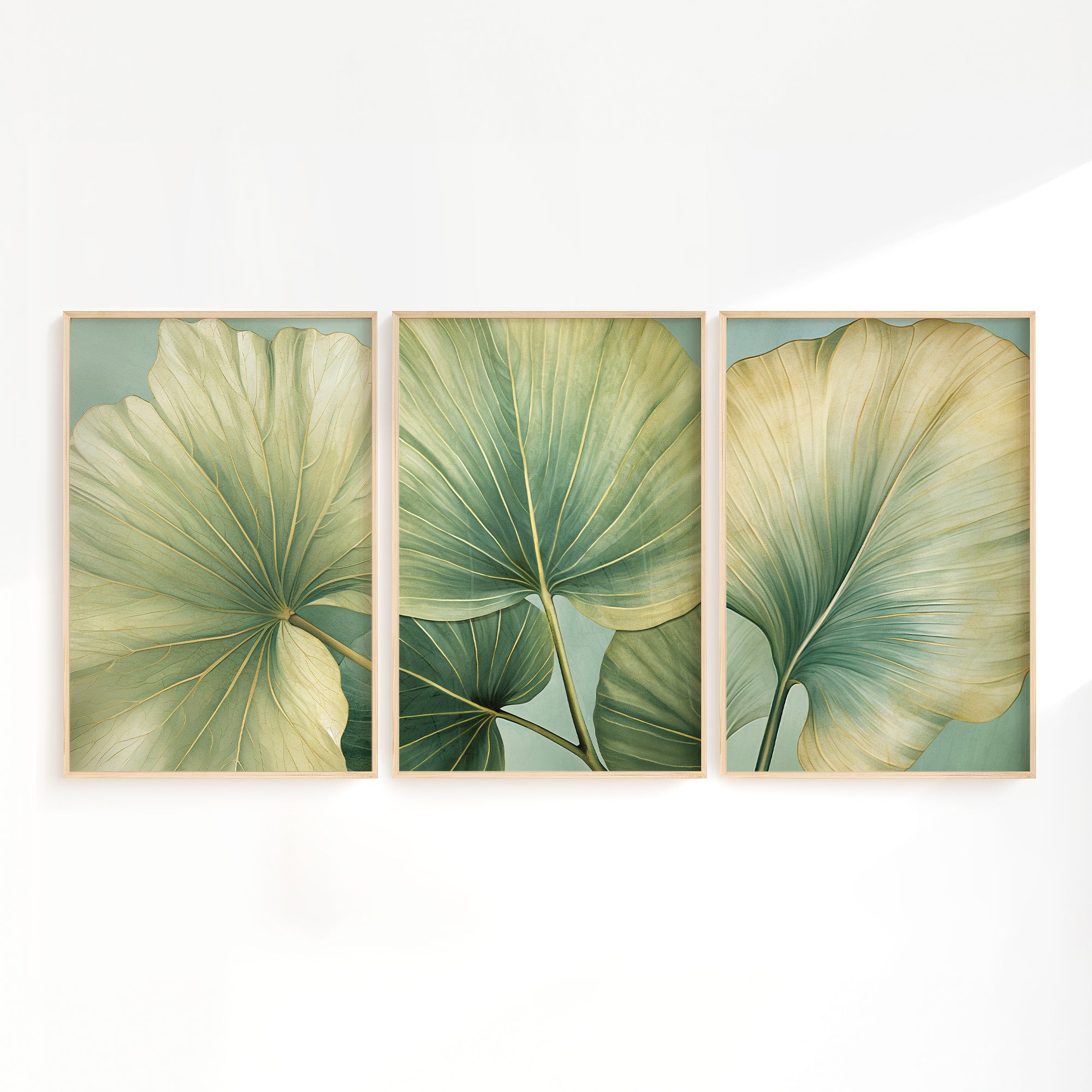 The image is a triptych of framed artworks featuring large, green leaves with intricate patterns.