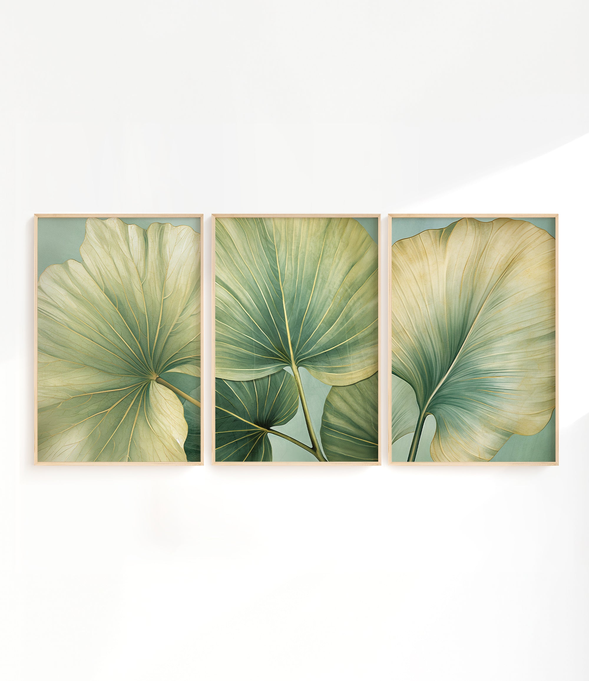 The image is a triptych of framed artworks featuring large, green leaves with intricate patterns.