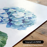 a close-up view of a watercolor painting of blue hydrangea flowers on a piece of paper.