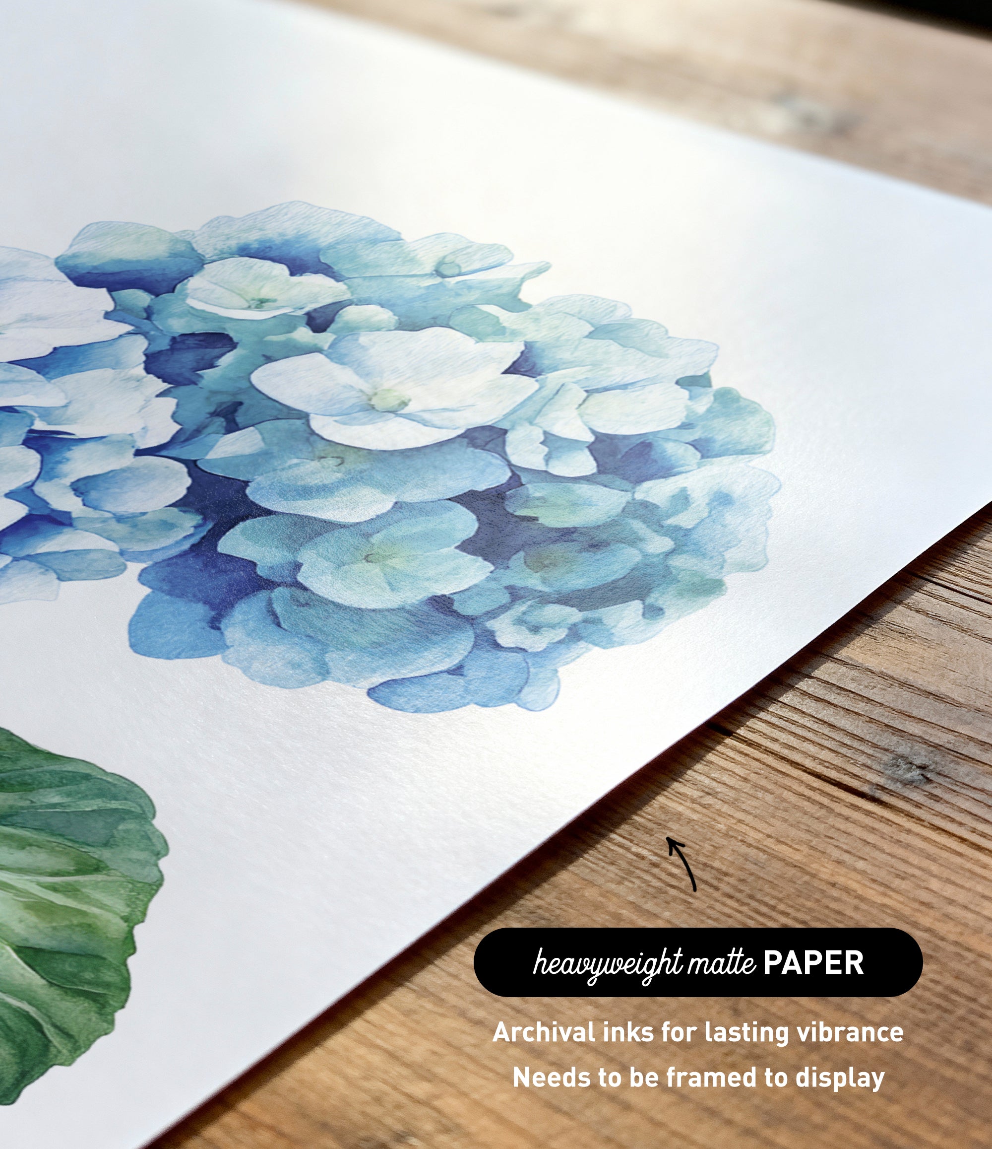 a close-up view of a watercolor painting of blue hydrangea flowers on a piece of paper.