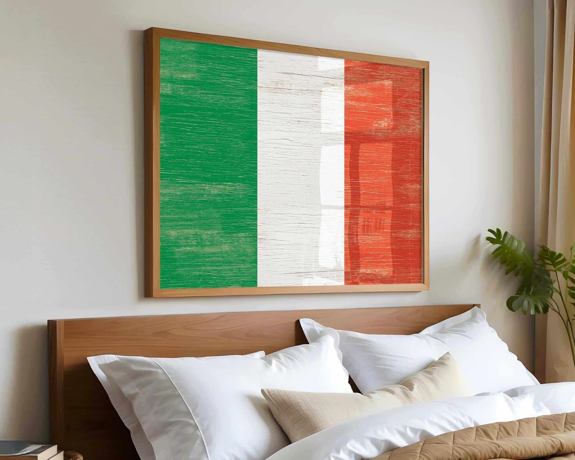 a bedroom with a bed and a painting on the wall