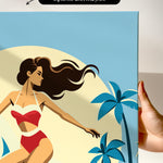 a woman in a red swimsuit with long hair, standing in front of a palm tree and a yellow sun.