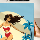 a woman in a red swimsuit with long hair, standing in front of a palm tree and a yellow sun.