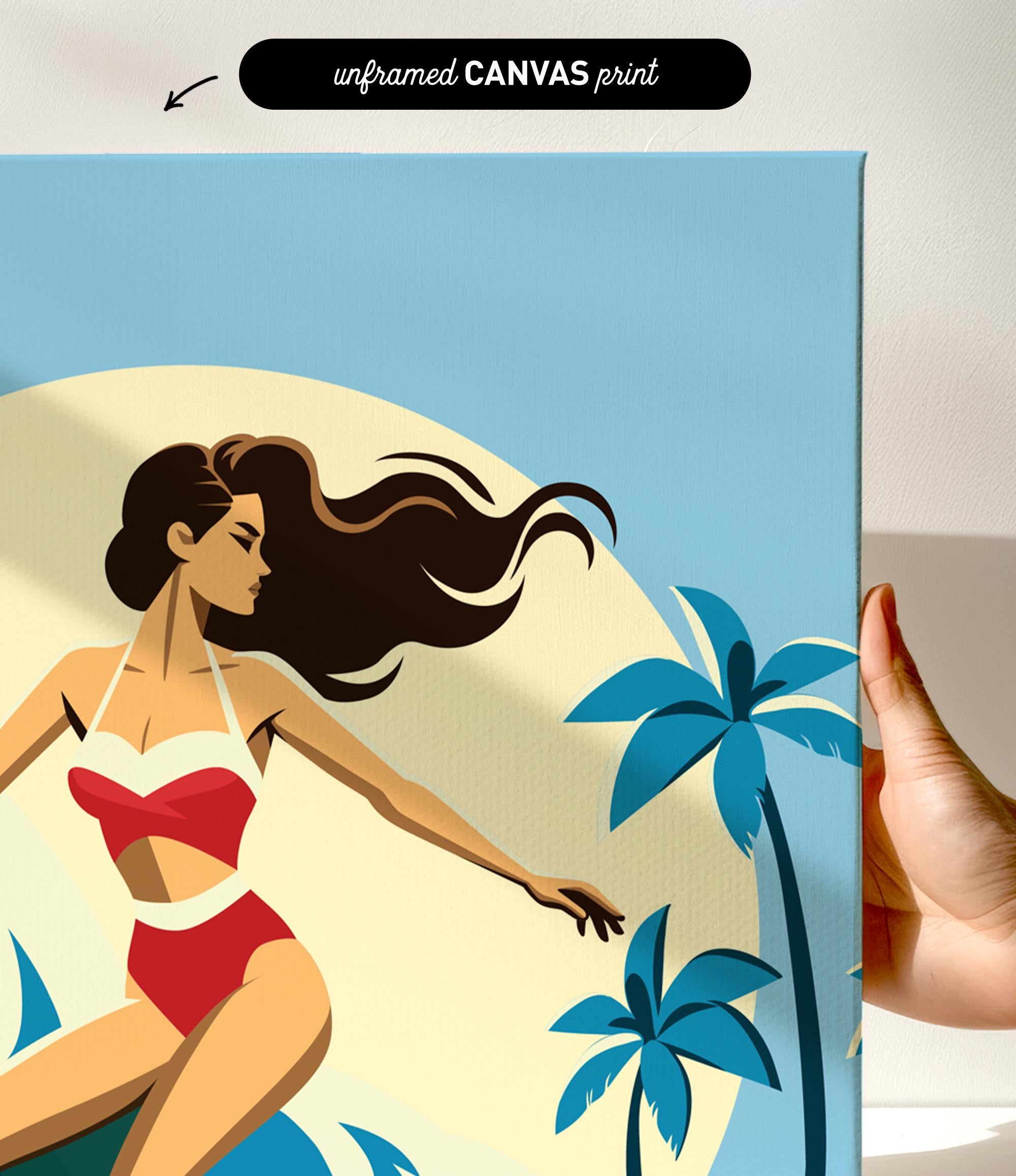 a woman in a red swimsuit with long hair, standing in front of a palm tree and a yellow sun.