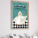a poster of a dog taking a bath in a bathtub