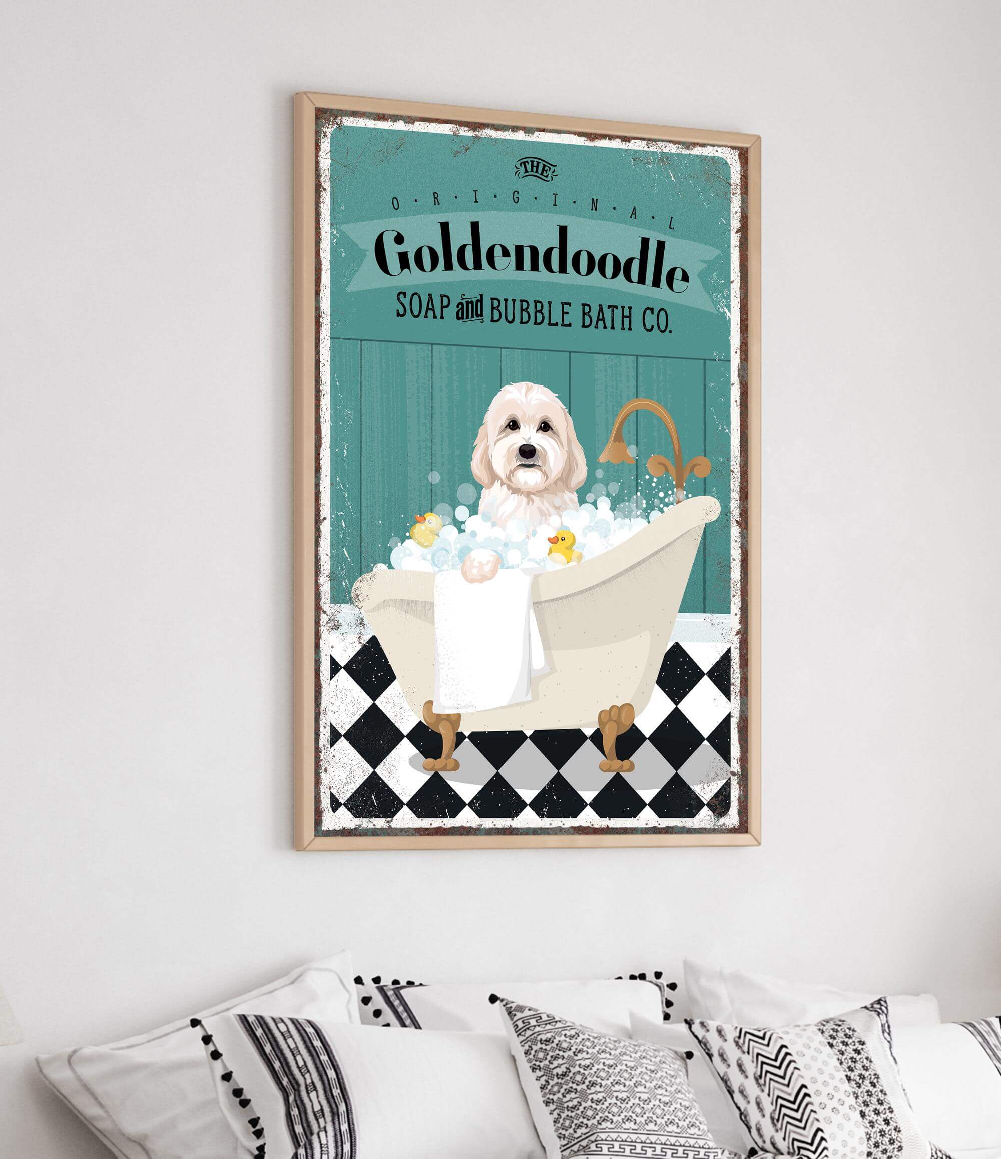 a poster of a dog taking a bath in a bathtub
