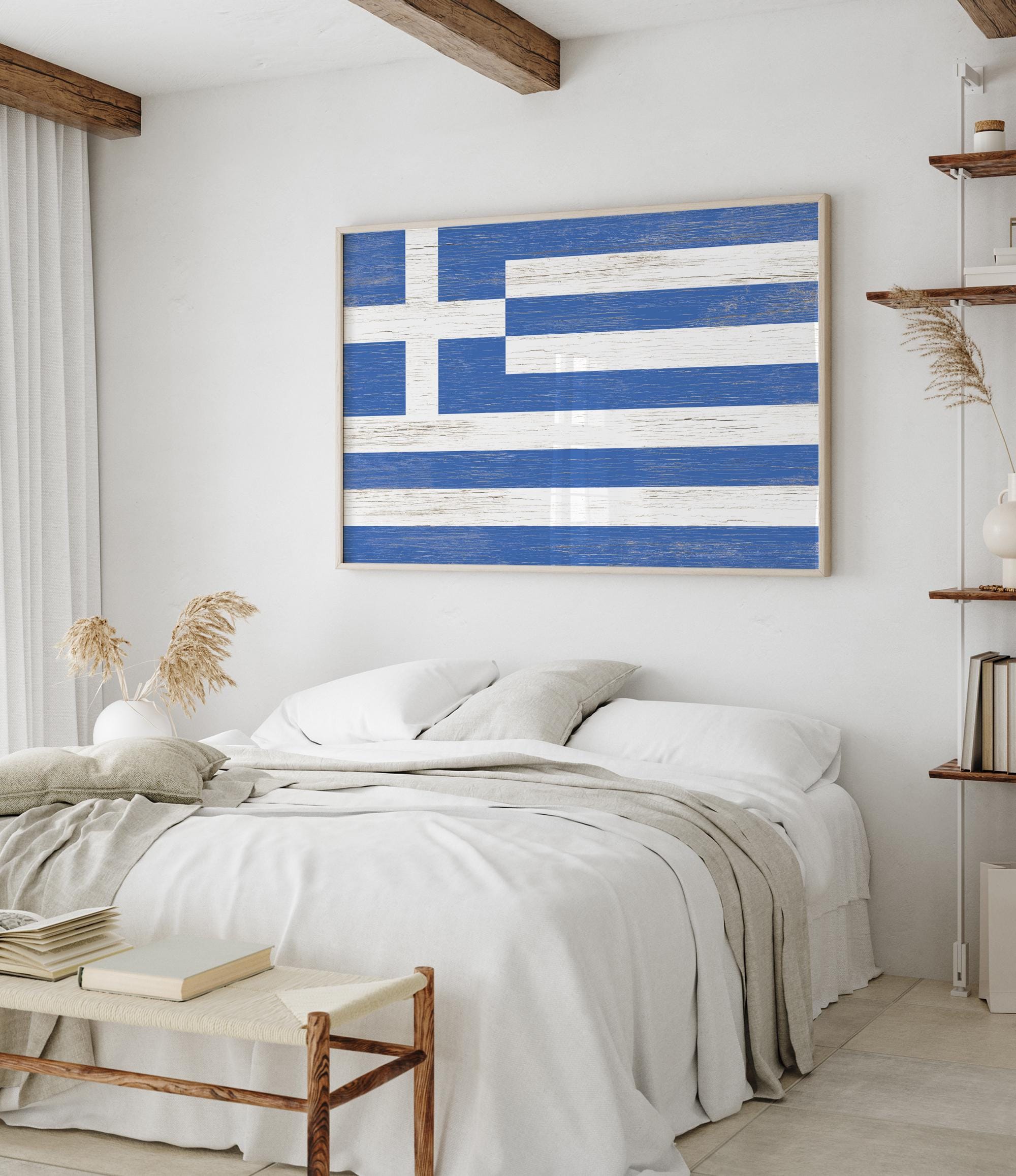 a bedroom with a bed and a painting on the wall